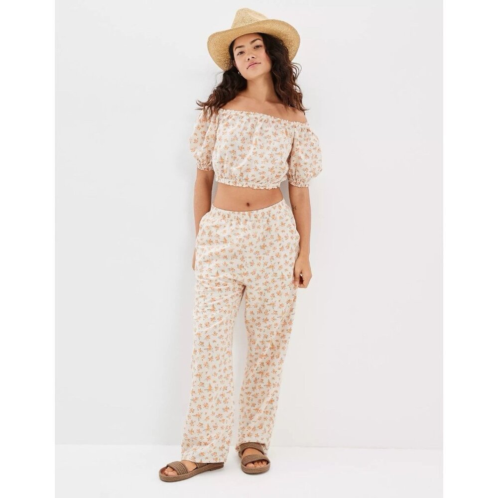 American Eagle Women's Pants Size S/P High Waisted Linen Floral Pants‎ Lining